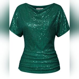 GRACE KARIN Women 2024 Summer Sequin Top Cowl Neck Batwing Sleeve Ruched Sparkly
